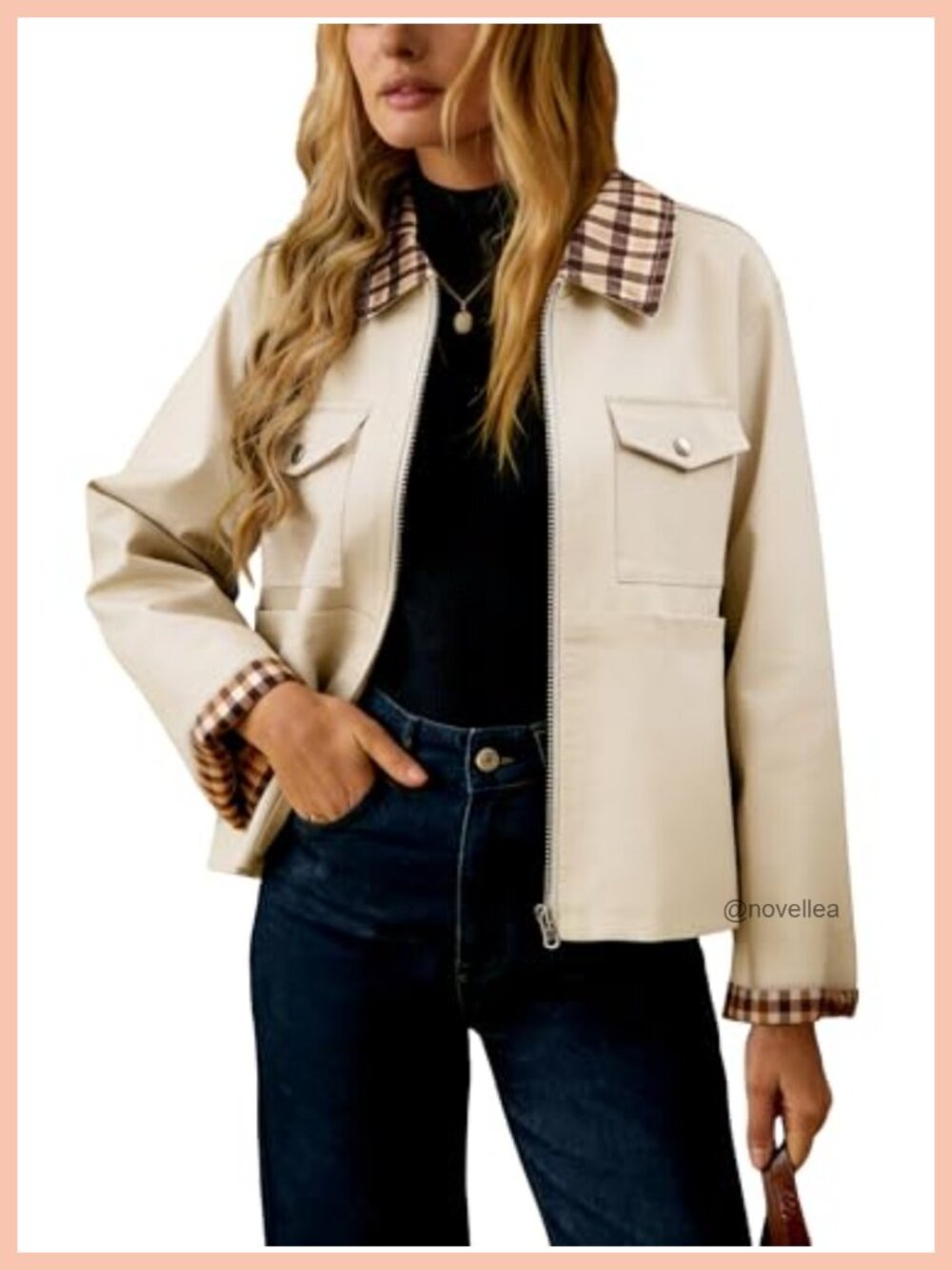 UEAL Women's Lightweight Plaid Lined Zip-Up Barn Jacket with Pockets